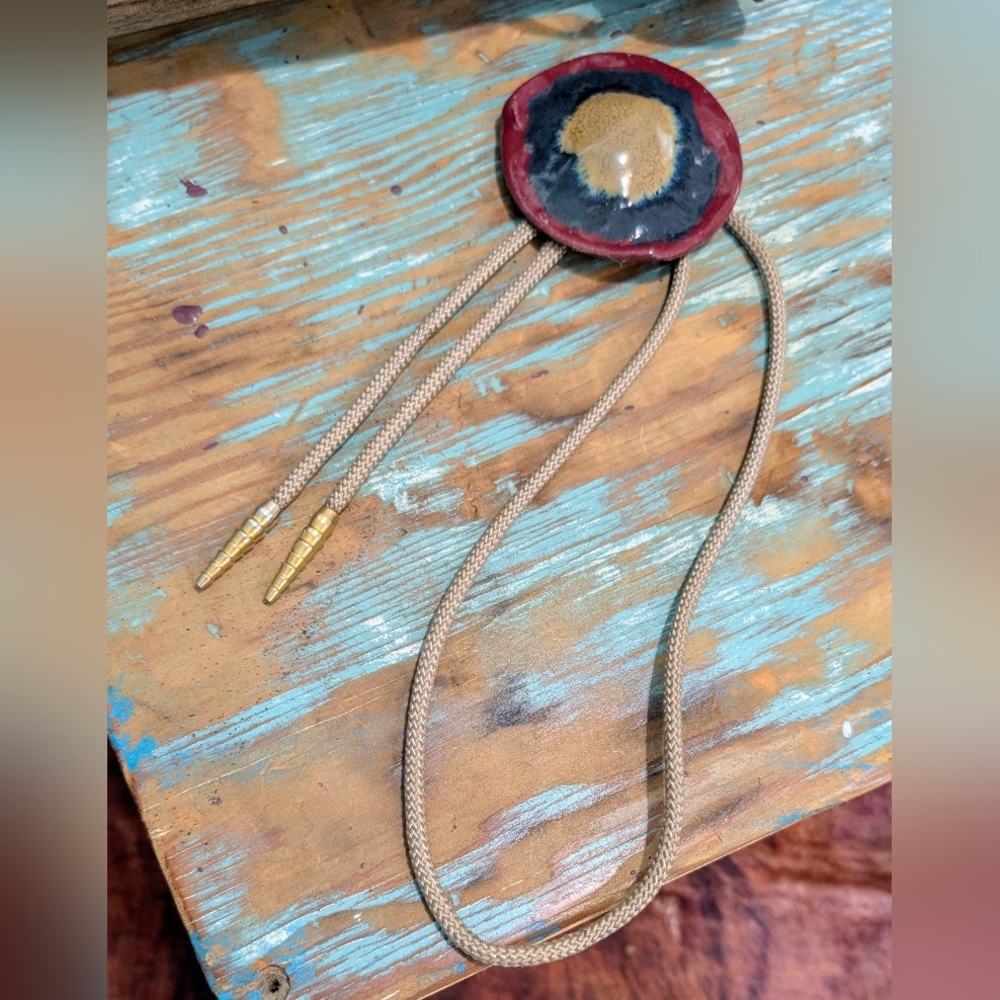 Vintage Unique Stoneware Bolo Tie with Red and Tan Accents